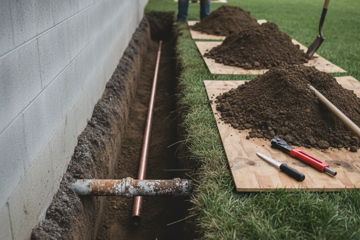 Excavated water line trench during Water Softener Installation in Hiram